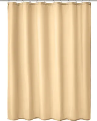 A plain, studio shot of a beige shower curtain hanging from a shower rod.