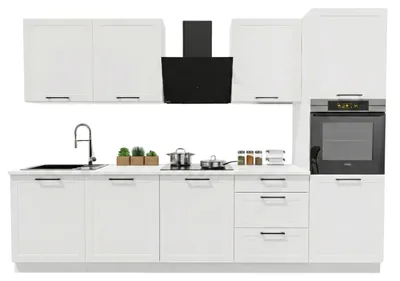 Obrázek produktu pro Kuchyňská linka 300 cm - s bílou pracovní deskou - Bílá matná - horní a dolní skříňky - tiché dovírání Soft-Close - ADELE