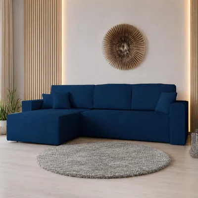 Produktbild von GOLDSTOFF Ecksofa mit Schlaffunktion und Bettkasten | Ecksofa L-Form für Wohnzimmer | Cord Sofa mit Liegefläche 230x147cm | Schlafsofa (Blau)