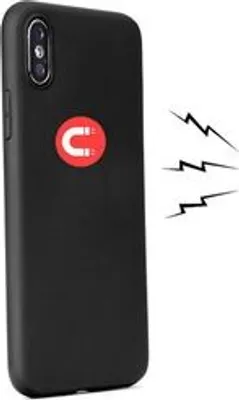 A black smartphone case with a red and white magnet logo on the back, shown with stylized lightning bolts indicating magnetic force.