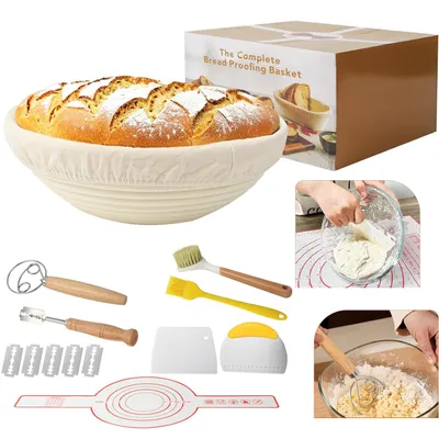 Produktbild von Gärkorb Brot Set, 23 cm Gärkorb Rund, Einschließlich Teigschaber und Ölpinsel, für Brotbacken
