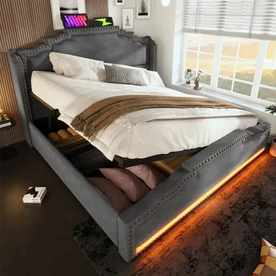 Immagine prodotto di Letto imbottito Sweiko 140x200, letto matrimoniale con contenitore idraulico, letto contenitore e letto per ragazzi, velluto, grigio, senza materasso