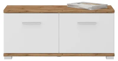 Produktbild von Sitzbank BILBAO mit 2 Türen & 4 Fächern in WOTAN Eiche/Weiß, belastbar bis 100 kg Schuhregal mit Sitzfläche Schuhbank Garderobenbank Flurmöbel