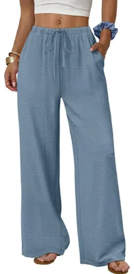 Obrázek produktu pro ASKSA Dámské kalhoty Letní Volné Vysoký pas Baggy Jednobarevné  Elegantní volné, splývavé a lehké letní kalhoty s kapsami (modré, XXL)