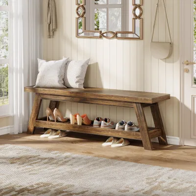 Produktbild von 140cm Flurbank mit Schuhablage, große Holzbank, 2-stöckige, schmale Bank im Landhausstil, rustikal, für Flur, Küche, Eingangsbereich