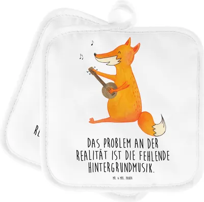 Produktbild von Mr. & Mrs. Panda Topflappen Fuchs Gitarre - Weiß - Geschenk, Singen, Set, im Doppelpack, Kochlappen, Lagerfeuer, topfhalter, Optimistisch, Musik, Topfuntersetzer