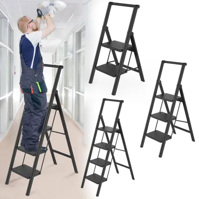 Produktbild von TANYEAR 3 Stufige Stahl Klapp-Trittleiter mit Handlauf, rutschfeste Stufen, stabil und tragbar, belastbar bis 250 kg, Schwarz, Haushaltsleiter für Haushalt und Büro