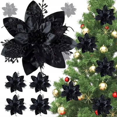 Produktbild von Weihnachtsstern Christbaumschmuck - 6er Set - Glitzer Blumen Deko - Schwarz