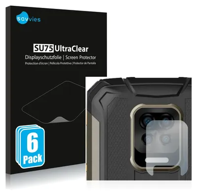 A product box for screen protectors and a close-up of a phone's camera lens with a screen protector applied.