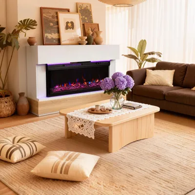 A living room scene featuring an electric fireplace, coffee table, sofa, and floor cushions.