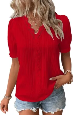 Produktbild von Bluse Kurzarm Damen Spitzen Oberteil V Ausschnitt Shirts Elegant Puffärmeln Damenblusen Sommer Schickes Hemd Tunika
