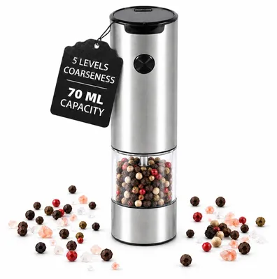 Elektrische Pfeffermühle, 5 Mahlgrade, Keramikmahlwerk, 70 ml, Edelstahl