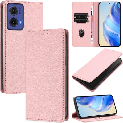 Produktbild von Litchi Leder Handyhülle für Motorola Moto G85 Wallet Kartenfächer Standfunktion Hülle Pink