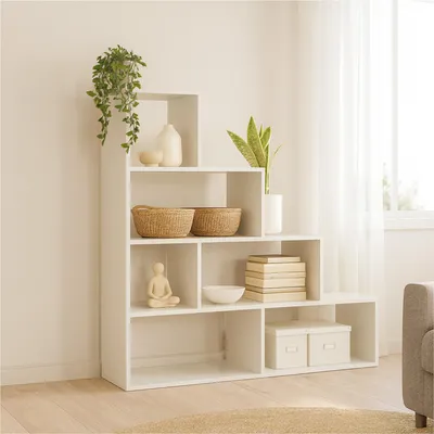 A white modular shelving unit with various decorative items on its shelves, placed in a room with natural light coming from a window with sheer curtains.