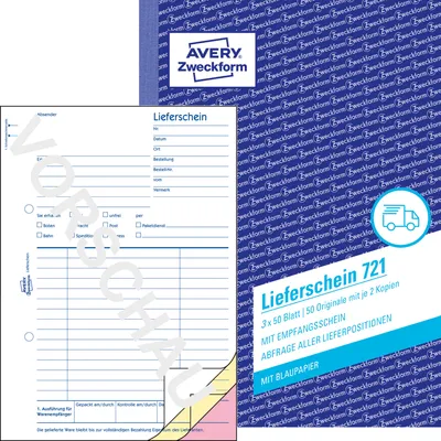 Produktbild von Avery Zweckform 721, Lieferscheine mit Empfangsschein, A5, mit Blaupapier, 3x50 Blatt