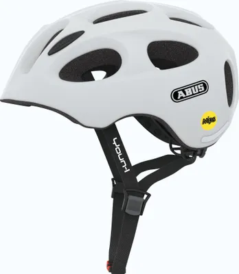 Produktbild von ABUS Fahrradhelm Youn-I, Weiß Matt, Größe M, mit Licht, Reflektoren, MIPS Aufprallschutz, harte Schale, Fliegennetz, Schirm (Gesichtsschutz), für Mädchen und Jungen