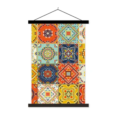 Produktbild von MuchoWow® Textilposter Vintage - Blumen - Muster - Weiß - Orange 60x90 cm mit schwarzem Rahmen - Poster Wohnzimmer