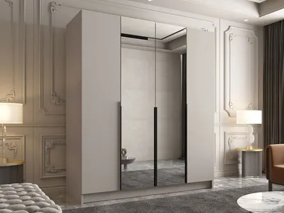 Produktbild von MIRJAN24 Kleiderschrank Santi II, Schlafzimmer, mit Spiegel, Drehtürenschrank, mit Kleiderstange, Modern, Garderobenschrank, Metallgriffe (Farbe: Cashmere / Cashmere + Schwarz)