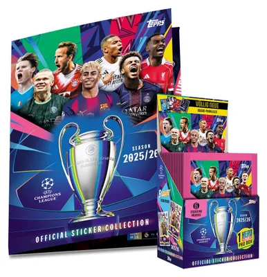 Zdjęcie produktu dla Topps – Liga Mistrzów 2025/2026 – naklejki kolekcjonerskie – 1 display (50 torebek) + zestaw startowy