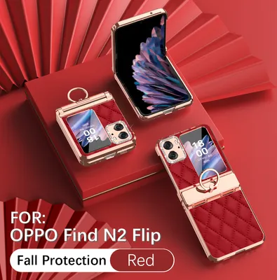 Produktbild von Leder Hülle für OPPO Find N2 Flip mit Ringhalterung, Luxus Glitzer Bling Überzug Scharnierschutz Handyhülle Rot