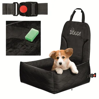 Immagine prodotto di Seggiolino per cani per auto ROCK nero 55x50 cm, schienale 56 cm - antiscivolo, cintura e guinzaglio - Doggy