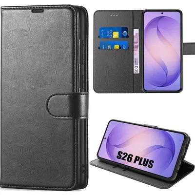 Image de Coque pour Samsung Galaxy S26 Plus, Protection Flip Case Anti-Rayures Antichoc Effet Cuir Noir