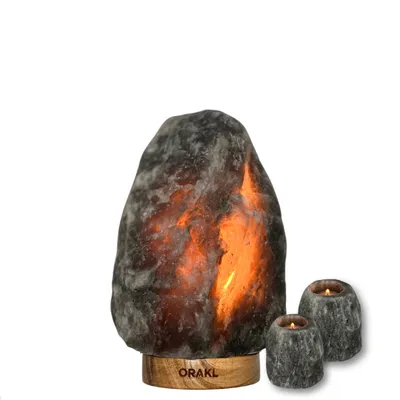 Produktbild von Orakl® - Dimmbares Salzlampenset Meteor - 2-4 KG - Salzlampe und 2 Teelichter - 100% echtes Salz - alzkristall-Lampe Grau - Salzlampe Grau - Salzstein