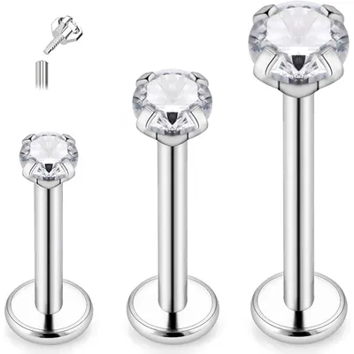 Obrázek produktu pro Titanový piercing do tragusu, helixu a labretu, sada 3 kusů, 16g, délky 6 mm, 8 mm a 10 mm, stříbro, hypoalergenní