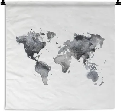 Produktbild von MuchoWow® Wandteppich Wandbehang Weltkarte - Aquarell - Schwarz und weiß 150x150 cm Tapisserie Dekoration Wandtuch - Wohnaccessoires - Modernes