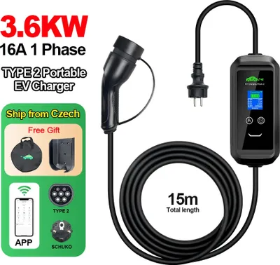 Zdjęcie produktu dla Przenośna ładowarka do pojazdów elektrycznych, moc wyjściowa 3,6 kW, inteligentne sterowanie za pomocą aplikacji, czarna, TYPE2