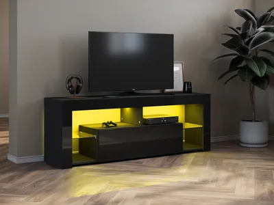 Produktbild von SUNXURY  Lowboard TV-Schränke Schwarz Hochglanz mit LED Beleuchtung, 12-LED-Farben, mit Klapptür, Griffloses Design，mit Glasregal 140x 35 x 50.5cm