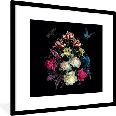 Produktbild von MuchoWow® MuchoWow® Gerahmtes Poster Blumen - Schmetterling - Stilleben 40x40 cm - Poster mit zchwarzem Bilderrahmen - Poster - Plakat im Rahmen