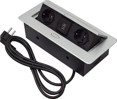 Produktbild von Einbausteckdose Tischsteckdose Küche Wand 2-Fach Steckdose 230V Schuko mit zwei USB-Modulen Silber