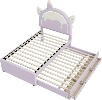 Produktbild von okwish Kinderbett Flachbett 90×200 cm mit ausziehbares rollbett,und 3-in-1 Schublade, Polsterbett Jugendbett für Jungen und Mädchen, Funktionelles Einzelbett mit Kopfteil in Einhornform, Lila(Ohne Matratze)