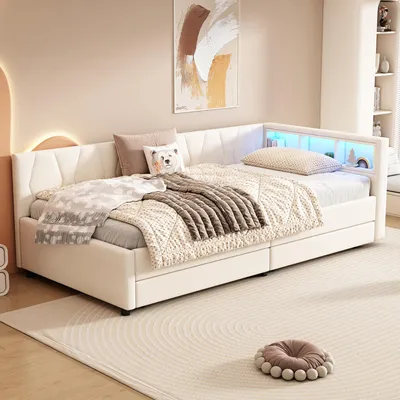 Produktbild von STILVORA Schlafsofa Polsterbett 90 x 200 cm Tagesbett mit USB+Typ C & LED-Umgebungslicht,Jugendbett mit 2 Schubladen,Leinen, Beige (ohne Matratze)