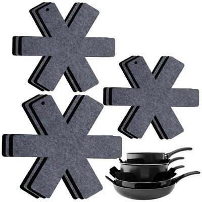Image de Lot de protège-poêles - Ensemble de 12 protections empilables en feutre, disponibles en 3 tailles différentes - Protège les poêles, les casseroles et la vaisselle - Noir et gris