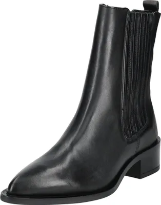 A black leather ankle boot is shown against a white background.