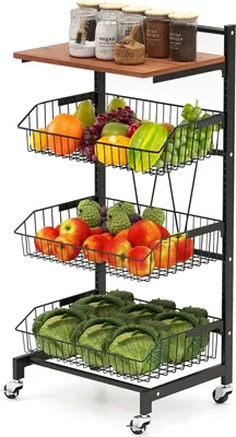 Image de Chariot de cuisine/d'appoint - Étagère à légumes - 4 niveaux - Avec roulettes - Paniers coulissants - Plateau en bois - Réglable en hauteur - Noir