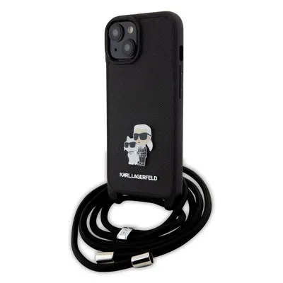 A black iPhone case with a Karl Lagerfeld and Choupette design and a black lanyard, presented against a white background.