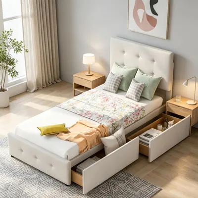Image de Lit rembourré INONEFT, 90x200 cm, lit simple avec sommier à lattes, lit pour enfant, lit pour adolescent avec tête de lit et deux tiroirs, lit avec rangement, lit d'appoint, en velours, couleur beige