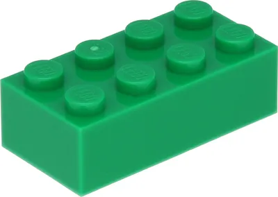 A single green LEGO brick on a white background.