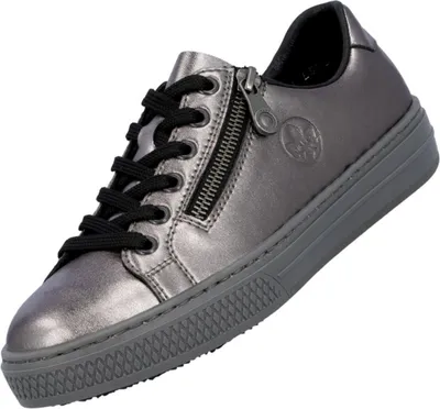A single silver sneaker with black laces and a zipper is shown against a white background.