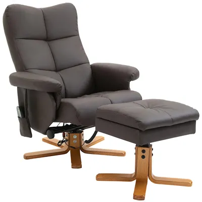 Image de Fauteuil relax 360° pivotant, fauteuil de massage avec repose-pieds et 10 points de vibration, fauteuil téléviseur en similicuir, couleur marron | 80x86x99 cm | inclinable jusqu'à 145°