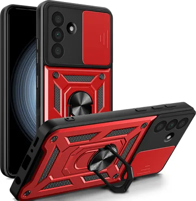 A red and black phone case with a ring holder is shown from multiple angles.
