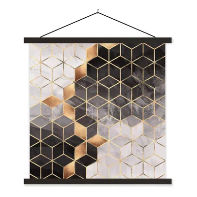 Produktbild von MuchoWow® Textilposter Abstrakt - Würfel - Gold - Muster - Schwarz - Weiß 120x120 cm mit schwarzem Rahmen - Aufhängungsset