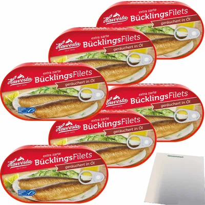 Produktbild von Hawesta Bücklingsfilets geräuchert in Öl MSC 6er Pack (6x190g Dose) + usy Block