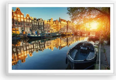 Produktbild von Gerahmtes Poster - Weißer Rahmen - Kanal Boot Amsterdam Wasser - 91,5x61 cm - Wand Bild - Wanddeko - Wandbilder - Wandposter - Bilderrahmen - Bilder - Kunstdruck - Wandbild - P2WAA91x61-2857