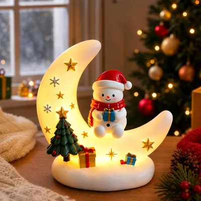 Produktbild von LED Weihnachtsdeko Schneemann auf dem Mond, 13 × 8 × 13 cm – USB Nachtlicht mit warmweißem Licht, dekorative Weihnachtsfigur für Innenräume