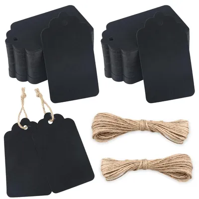 Productafbeelding van Cadeaulabel - 7 x 4 cm - 100 stuks - Kraftpapier - Zwart met jute koord 20 m, blanco