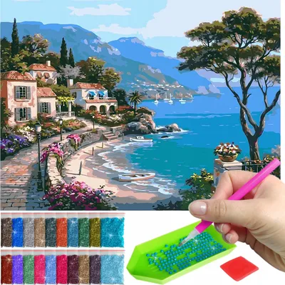 Produktbild von ARTULIO Diamond Painting Set - Küstenlandschaft mit Bergen im Hintergrund - 30 x 40 cm - Diamant Painting, Bilder DIY
